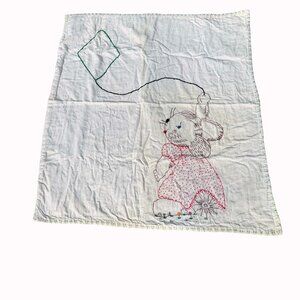 Vintage Handmade Embroidered Baby Blanket Bunny Polka Dot Nursery Decor 30x34